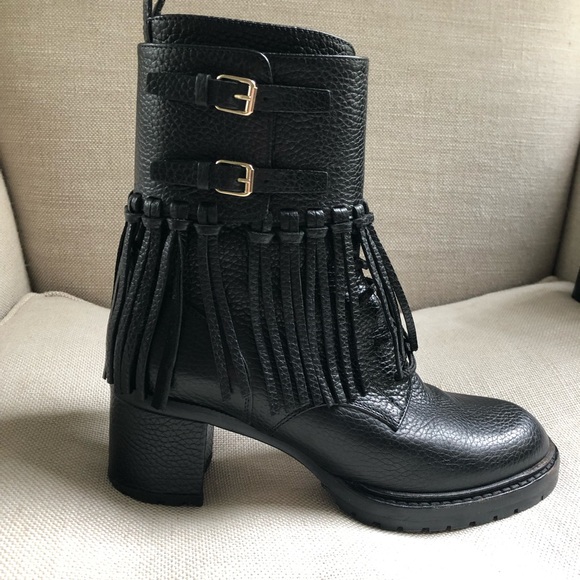 Valentino Combat Ankle Boots Fringe Buckles Block Heel US 6.5 - Picture 2 of 15